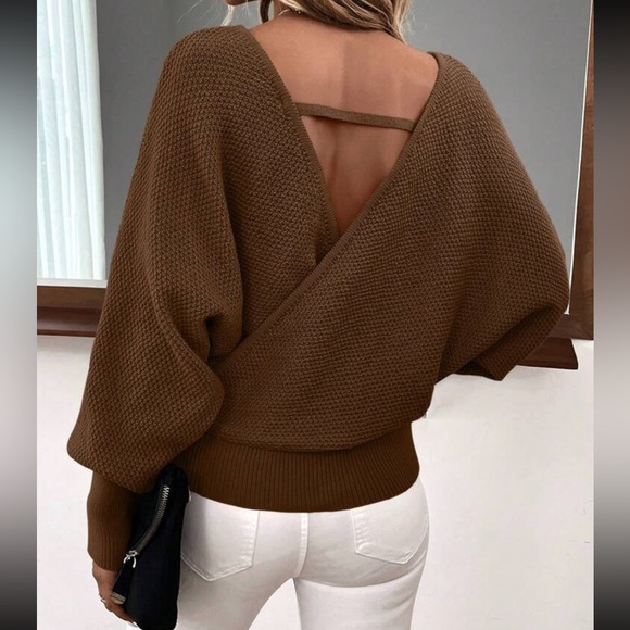 Luxe brown cutout tie back batwing sleeve sweater - Picture 5 of 5